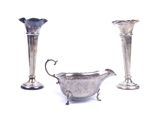 A PAIR OF SILVER VASES AND A SILVER SAUCEBOAT (3)