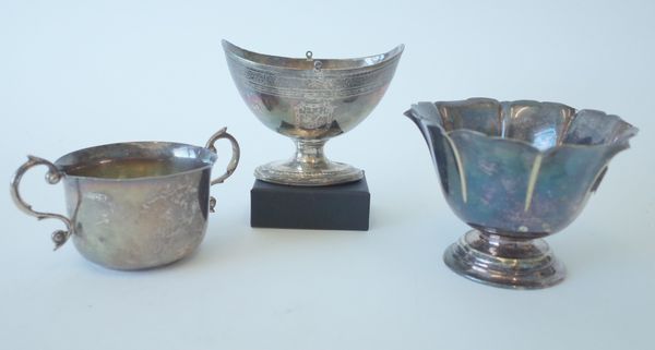 A SILVER TWIN HANDLED BOWL AND TWO FURTHER ITEMS (3)