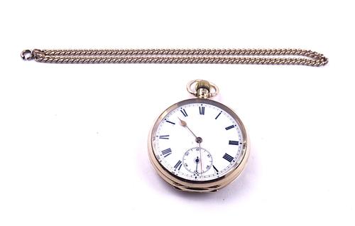 AN 18CT GOLD CASED, KEYLESS WIND OPENFACED POCKET WATCH AND A GILT METAL CHAIN (2)