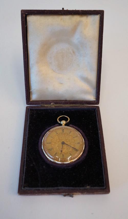 A GOLD CASED AND ENAMELLED KEY WIND OPENFACED LADY'S FOB WATCH