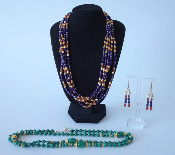 A MALACHITE BEAD AND GILT METAL BEAD LONG NECKLACE, ANOTHER NECKLACE AND A PAIR OF EARRINGS  (3)
