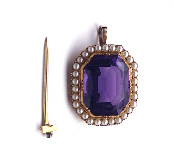 A GOLD, AMETHYST AND SEED PEARL SET PENDANT BROOCH (2 including pin)