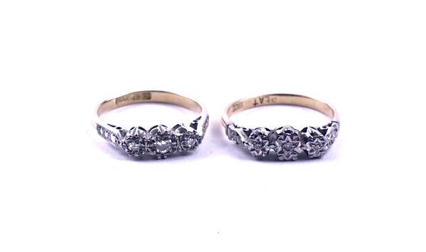 A GOLD AND PLATINUM, DIAMOND THREE STONE RING AND ANOTHER DIAMOND RING (2)