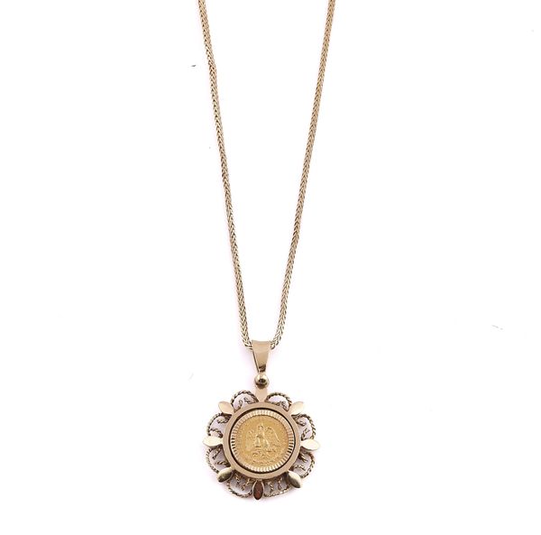 A 9CT GOLD NECKCHAIN WITH A GOLD TWO PESOS COIN PENDANT (2)