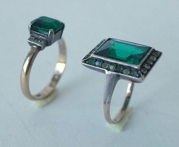 TWO GREEN PASTE SET RINGS (2)