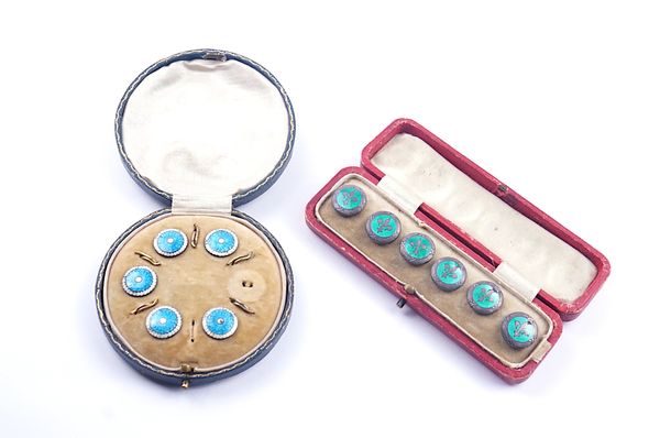 TWO CASED SETS OF ENAMELLED BUTTONS (ONE BUTTON MISSING) (2)