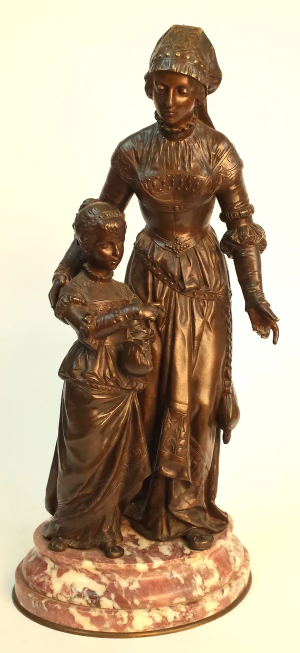 AFTER ANATOLE J. GUILLOT (FRENCH, 1865-1911); A PATINATED BRONZE OF A MOTHER AND CHILD