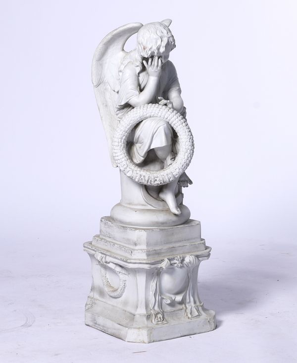 VICTOR, TESSIER & MAUGER; A LARGE FRENCH BISCUIT GROUP OF A SEATED ANGEL
