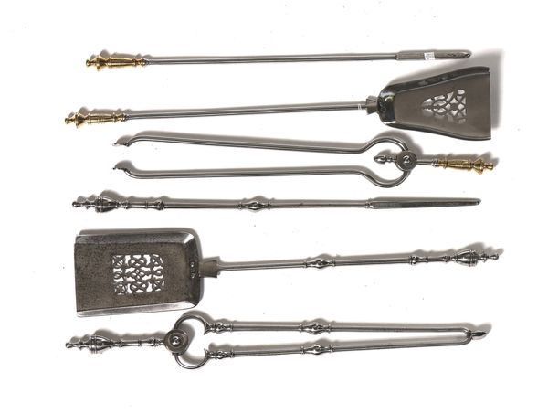 A SET OF THREE POLISHED STEEL FIRE TOOLS AND ANOTHER SET (6)