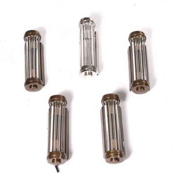 A SET OF FOUR ART DECO STYLE BRASS LACQUERED METAL AND PERSPEX  MOUNTED CYLINDRICAL WALL LIGHTS (5)