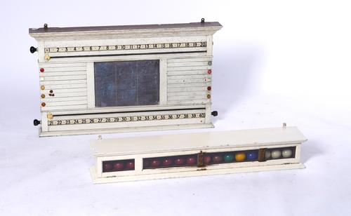 A BILLIARD OR SNOOKER SCORE BOARD AND A DISPLAY CASE WITH A QUANTITY OF BALLS