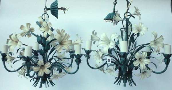 A PAIR OF TOLEWARE FIVE-LIGHT FLORAL CHANDELIERS (2)