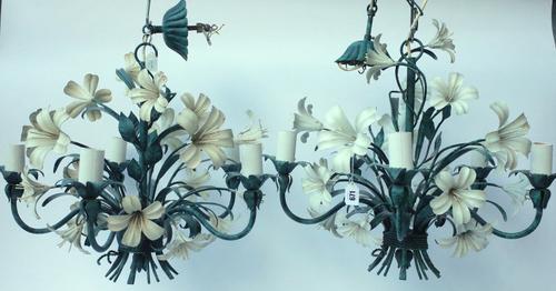 A PAIR OF TOLEWARE FIVE-LIGHT FLORAL CHANDELIERS (2)