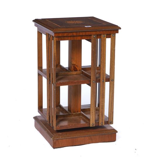 A MODERN INLAID WALNUT SQUARE REVOLVING BOOKCASE