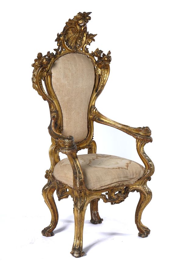 A 19TH CENTURY VENETIAN GILT FRAMED OPEN ARMCHAIR