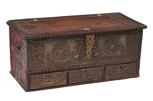 A 19TH CENTURY BRASS STUDDED AND VENEERED HARDWOOD ZANZIBAR CHEST