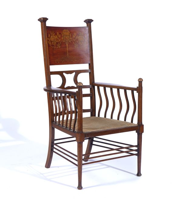 AN ARTS AND CRAFTS INLAID MAHOGANY OPEN ARMCHAIR