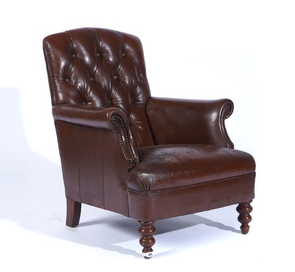 JOHN LEWIS; A STUDDED BROWN LEATHER UPHOLSTERED EASY ARMCHAIR