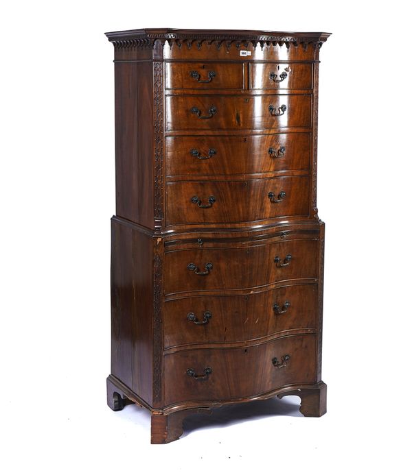 A GEORGE III STYLE MAHOGANY CHEST ON CHEST OF SMALL PROPORTIONS