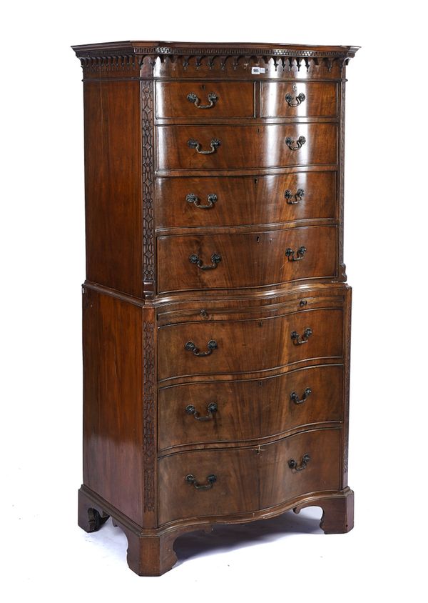 A GEORGE III STYLE MAHOGANY CHEST ON CHEST OF SMALL PROPORTIONS