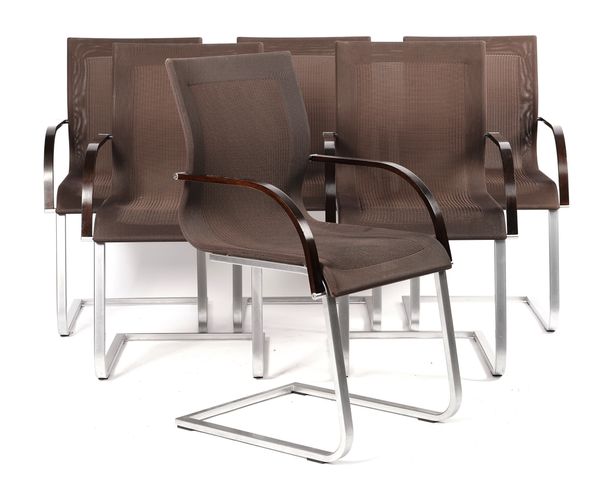 A SET OF SIX MODERN STEEL AND HARDWOOD OPEN ARM DINING CHAIRS (6)