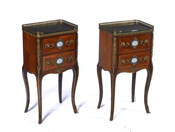 A PAIR OF LOUIS XV STYLE GILT METAL AND PORCELAIN MOUNTED KINGWOOD BEDSIDE TABLES