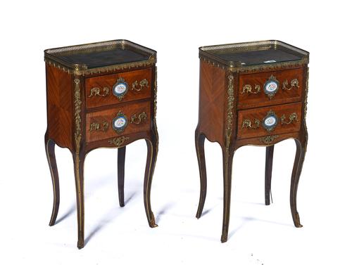 A PAIR OF LOUIS XV STYLE GILT METAL AND PORCELAIN MOUNTED KINGWOOD BEDSIDE TABLES