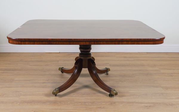 A GEORGE III MAHOGANY RECTANGULAR SNAP TOP CENTRE TABLE ON FOUR DOWNSWEPT SUPPORTS