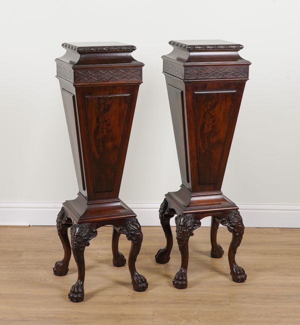 A PAIR OF MID 18TH CENTURY STYLE CARVED MAHOGANY TAPERING SQUARE JARDINIERE STANDS, EACH ON FOUR CLAW AND BALL FEET (2)