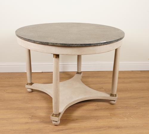 AN EMPIRE DESIGN POLYCHROME PAINTED GILT METAL MOUNTED CENTRE TABLE WITH FAUX CIRCULAR SLATE TOP