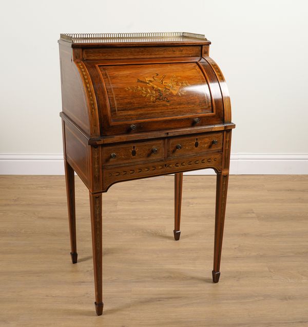 A LATE 19TH CENTURY MARQUETRY INLAID ROSEWOOD CYLINDER BUREAU ON TAPERING SQUARE SUPPORTS