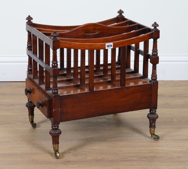 A REGENCY MAHOGANY FOUR DIVISION CANTERBURY WITH SINGLE DRAWER BASE