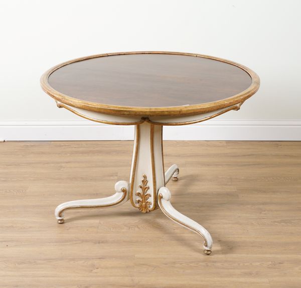 A 19TH CENTURY FRENCH CIRCULAR CENTRE TABLE WITH ROSEWOOD INSET TOP ON PARCEL GILT POLYCHROME PAINTED TRIPOD BASE