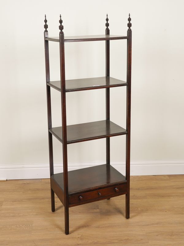 A 19TH CENTURY MAHOGANY FOUR TIER WHATNOT WITH SINGLE DRAWER BASE