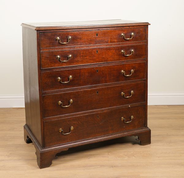 A GEORGE III OAK CHEST OF FIVE LONG GRADUATED DRAWERS