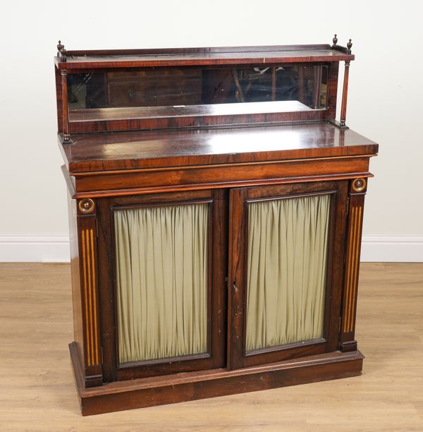 A MID 19TH CENTURY PARCEL GILT ROSEWOOD SHELF BACK CHIFFONIER