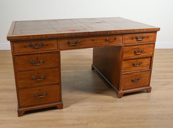 A 19TH CENTURY INLAID MAHOGANY PEDESTAL PARTNER'S DESK