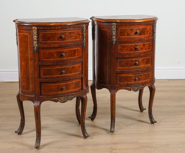 A PAIR OF 20TH CENTURY GILT METAL MOUNTED WALNUT AND KINGWOOD BOWFRONT FOUR DRAWER CHESTS (2)