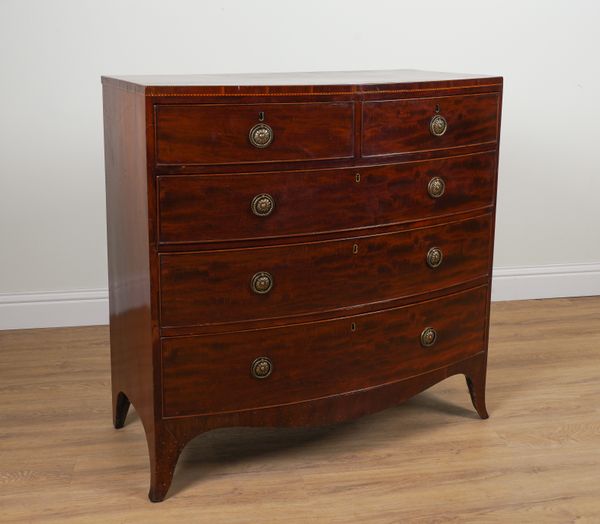 A LATE REGENCY INLAID MAHOGANY BOWFRONT FIVE DRAWER CHEST OF DRAWERS