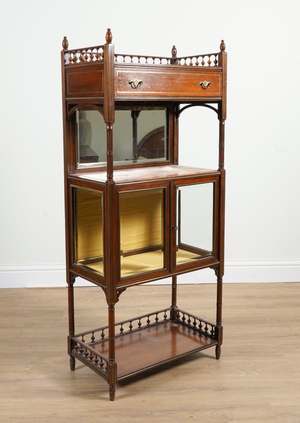 A LATE 19TH CENTURY BRASS AND MARBLE INSET ROSEWOOD SIDE CABINET WHATNOT WITH THREE TIERS DIVIDED BY GLAZED CUPBOARDS AND DRAWER