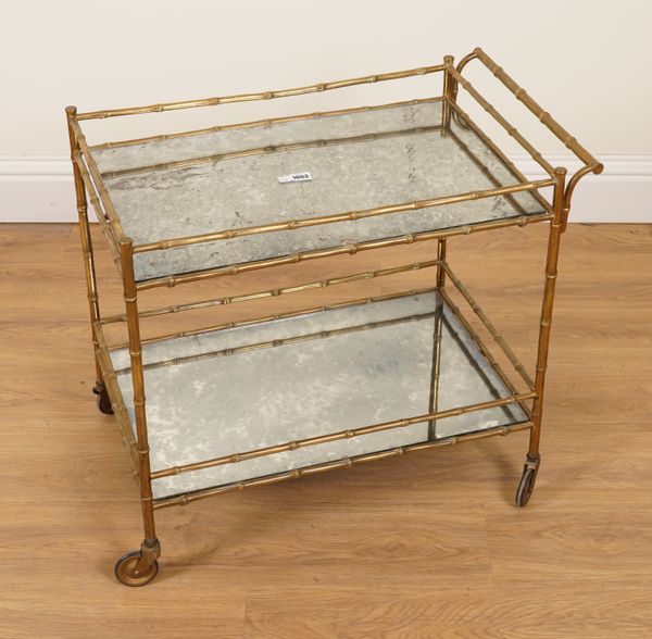 A MID 20TH CENTURY LACQUERED BRASS AND GLASS FAUX BAMBOO TWO TIER DRINKS TROLLEY