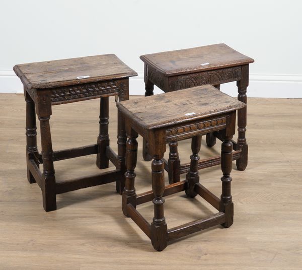 THREE VARIOUS 17TH CENTURY OAK JOINT STOOLS ON TURNED SUPPORTS (3)