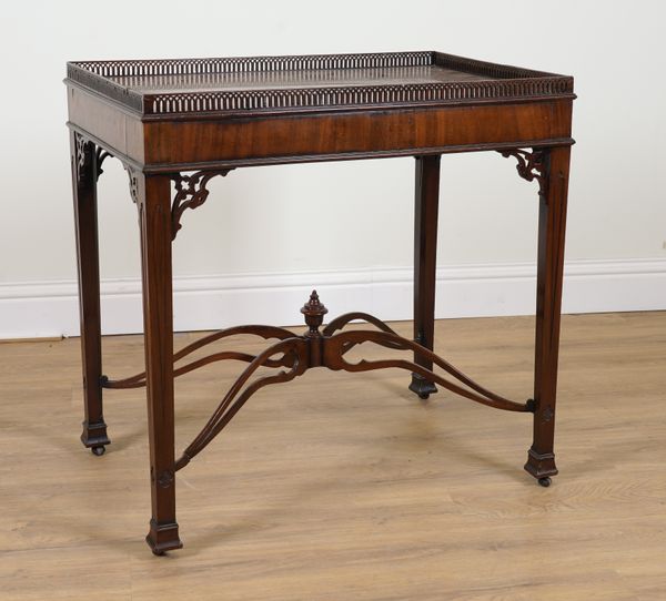 A GEORGE III MAHOGANY GALLERIED RECTANGULAR SILVER TABLE