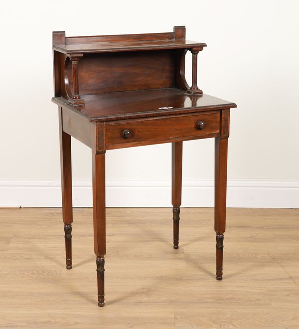 A 19TH CENTURY MAHOGANY SHELF BACK SINGLE DRAWER WRITING TABLE