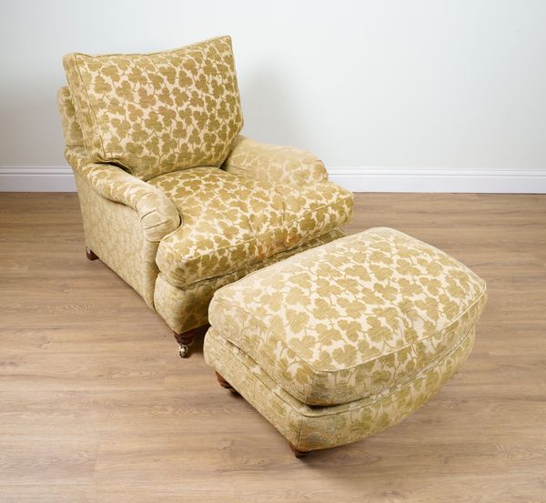 DURESTA; A GREEN PATTERN UPHOLSTERED EASY ARMCHAIR (2)