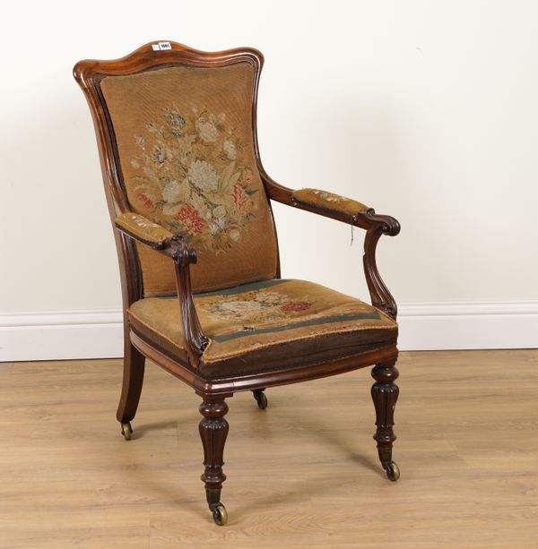 AN EARLY VICTORIAN ROSEWOOD FRAMED OPEN ARMCHAIR