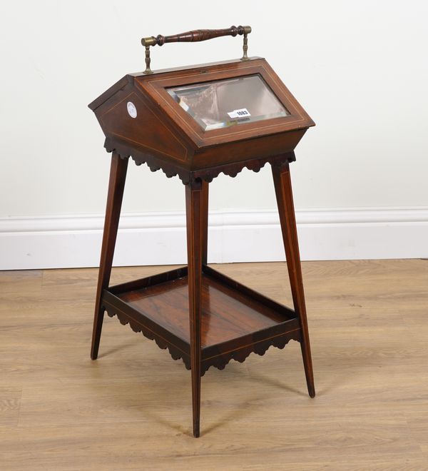 A LATE 19TH CENTURY INLAID ROSEWOOD DOUBLE SLOPE SIDED BIJOUTRIE TABLE