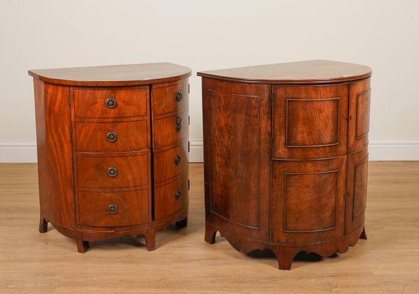 A NEAR PAIR OF GEORGE III MAHOGANY DEMI-LUNE LIFT TOP COMMODES (2)