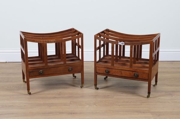 A PAIR OF REGENCY STYLE YEW WOOD THREE DIVISION CANTERBURYS (2)