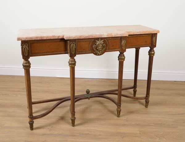 AN 18TH CENTURY STYLE GILT METAL MOUNTED INLAID MAHOGANY MARBLE TOPPED BREAKFRONT CONSOLE TABLE WITH SHAPED STRETCHERS